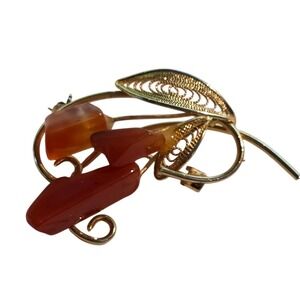 Vintage Gold Tone Filigree Flower Brooch Carnelian Color 2"